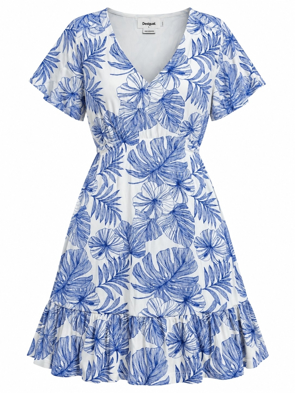 DESIGUAL | Blue White Tropical Palm Leaf Ruffle V-Neck Short Sleeve Dress | L